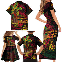 Custom Vanuatu 45th Independence Anniversary Family Matching Short Sleeve Bodycon Dress and Hawaiian Shirt Flower Melanesian Namele Turtle - Polynesian Pride
