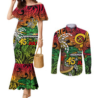 Personalized Vanuatu 45th Independence Anniversary Couples Matching Mermaid Dress and Long Sleeve Button Shirt Melanesian Pattern Reggae - Polynesian Pride