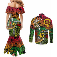 Personalized Vanuatu 45th Independence Anniversary Couples Matching Mermaid Dress and Long Sleeve Button Shirt Melanesian Pattern Reggae - Polynesian Pride