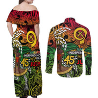 Personalized Vanuatu 45th Independence Anniversary Couples Matching Off Shoulder Maxi Dress and Long Sleeve Button Shirt Melanesian Pattern Reggae - Polynesian Pride