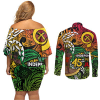 Personalized Vanuatu 45th Independence Anniversary Couples Matching Off Shoulder Short Dress and Long Sleeve Button Shirt Melanesian Pattern Reggae - Polynesian Pride