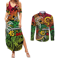 Personalized Vanuatu 45th Independence Anniversary Couples Matching Summer Maxi Dress and Long Sleeve Button Shirt Melanesian Pattern Reggae - Polynesian Pride
