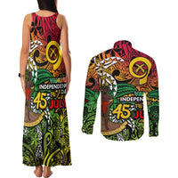 Personalized Vanuatu 45th Independence Anniversary Couples Matching Tank Maxi Dress and Long Sleeve Button Shirt Melanesian Pattern Reggae - Polynesian Pride