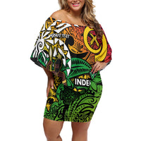 Personalized Vanuatu 45th Independence Anniversary Family Matching Off Shoulder Short Dress and Hawaiian Shirt Melanesian Pattern Reggae - Polynesian Pride