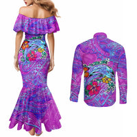 Personalized Dolphin Polynesia Couples Matching Mermaid Dress and Long Sleeve Button Shirt Hibiscus Tropical Wave - Purple Vibes