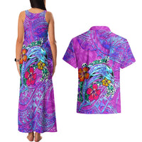 Personalized Dolphin Polynesia Couples Matching Tank Maxi Dress and Hawaiian Shirt Hibiscus Tropical Wave - Purple Vibes