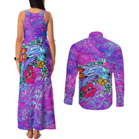 Personalized Dolphin Polynesia Couples Matching Tank Maxi Dress and Long Sleeve Button Shirt Hibiscus Tropical Wave - Purple Vibes