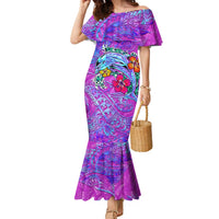 Personalized Dolphin Polynesia Family Matching Mermaid Dress and Hawaiian Shirt Hibiscus Tropical Wave - Purple Vibes