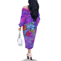 Personalized Dolphin Polynesia Family Matching Off The Shoulder Long Sleeve Dress and Hawaiian Shirt Hibiscus Tropical Wave - Purple Vibes