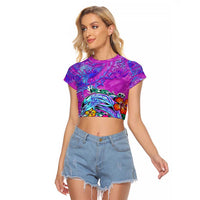 Dolphin Polynesia Raglan Cropped T Shirt Hibiscus Tropical Wave - Purple Vibes DT02 Female Purple - Polynesian Pride