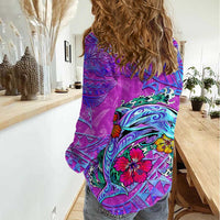 Dolphin Polynesia Women Casual Shirt Hibiscus Tropical Wave - Purple Vibes DT02 - Polynesian Pride