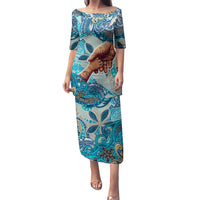 Hand In Hand Father's Day Polynesian Family Matching Puletasi and Hawaiian Shirt Tribal Flower Pattern DT02 Mom's Dress Blue - Polynesian Pride