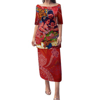 Happy Father's Day French Polynesia Family Matching Puletasi and Hawaiian Shirt Family Turtle Hibiscus DT02 Mom's Dress Red - Polynesian Pride