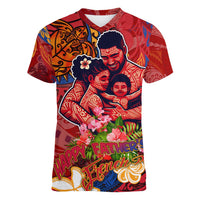 Happy Father's Day French Polynesia Women V-Neck T-Shirt Family Turtle Hibiscus DT02 Female Red - Polynesian Pride