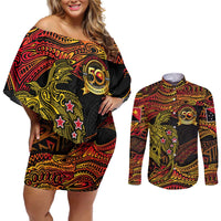 Papua New Guinea 50th Independence Day Couples Matching Off Shoulder Short Dress and Long Sleeve Button Shirt Culture Spirit and Sovereignty DT02 Art - Polynesian Pride