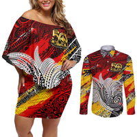 Papua New Guinea 50th Independence Day Couples Matching Off Shoulder Short Dress and Long Sleeve Button Shirt Celebrate Our History, Inspire Our Future DT02 Art - Polynesian Pride