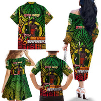 Vanuatu 45th Independence Anniversary Family Matching Off The Shoulder Long Sleeve Dress and Hawaiian Shirt Embracing Our Traditions Shaping Our Future