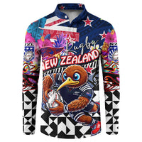 Personalized Kiwi New Zealand Rugby Button Sweatshirt Kiwis Mascot Tropical Pattern DT02 Blue - Polynesian Pride