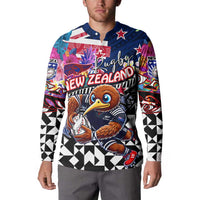 Personalized Kiwi New Zealand Rugby Button Sweatshirt Kiwis Mascot Tropical Pattern DT02 - Polynesian Pride