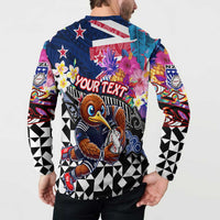 Personalized Kiwi New Zealand Rugby Button Sweatshirt Kiwis Mascot Tropical Pattern DT02 - Polynesian Pride
