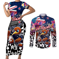 Personalized Kiwi New Zealand Rugby Couples Matching Short Sleeve Bodycon Dress and Long Sleeve Button Shirt Kiwis Mascot Tropical Pattern DT02 Blue - Polynesian Pride