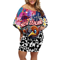 Personalized Kiwi New Zealand Rugby Off Shoulder Short Dress Kiwis Mascot Tropical Pattern