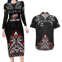 All Black NZL Rugby Champions Couples Matching Long Sleeve Bodycon Dress and Hawaiian Shirt Maori Warrior DT02 Black - Polynesian Pride
