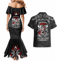 All Black NZL Rugby Champions Couples Matching Mermaid Dress and Hawaiian Shirt Maori Warrior DT02 - Polynesian Pride