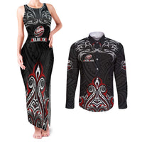 All Black NZL Rugby Champions Couples Matching Tank Maxi Dress and Long Sleeve Button Shirt Maori Warrior DT02 Black - Polynesian Pride