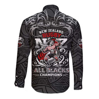 All Black NZL Rugby Champions Long Sleeve Button Shirt Maori Warrior DT02 - Polynesian Pride