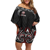 All Black NZL Rugby Champions Off Shoulder Short Dress Maori Warrior DT02 Women Black - Polynesian Pride