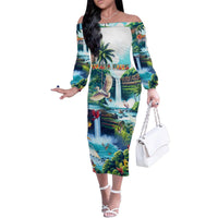 Wailua Falls Hawaii Family Matching Off The Shoulder Long Sleeve Dress and Hawaiian Shirt Kauai Natural Beauty