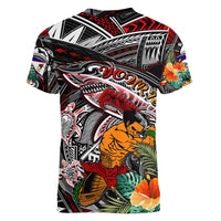 Personalized American Samoa Warrior Women V-Neck T-Shirt Shark Turtle Polynesian Tattoo