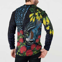New Zealand Tui Bird Button Sweatshirt Maori Koru Mix Pohutukawa