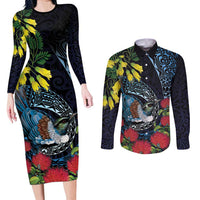 New Zealand Tui Bird Couples Matching Long Sleeve Bodycon Dress and Long Sleeve Button Shirt Maori Koru Mix Pohutukawa