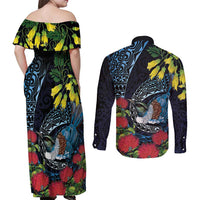 New Zealand Tui Bird Couples Matching Off Shoulder Maxi Dress and Long Sleeve Button Shirt Maori Koru Mix Pohutukawa