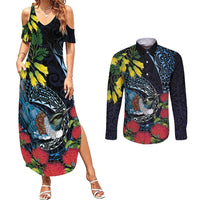 New Zealand Tui Bird Couples Matching Summer Maxi Dress and Long Sleeve Button Shirt Maori Koru Mix Pohutukawa