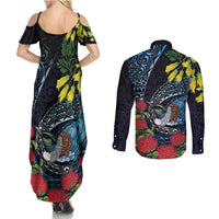 New Zealand Tui Bird Couples Matching Summer Maxi Dress and Long Sleeve Button Shirt Maori Koru Mix Pohutukawa