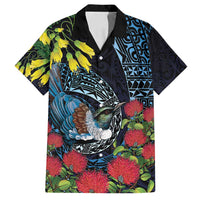 New Zealand Tui Bird Family Matching Long Sleeve Bodycon Dress and Hawaiian Shirt Maori Koru Mix Pohutukawa DT04 Dad's Shirt - Short Sleeve Black - Polynesian Pride