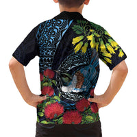 New Zealand Tui Bird Family Matching Puletasi and Hawaiian Shirt Maori Koru Mix Pohutukawa
