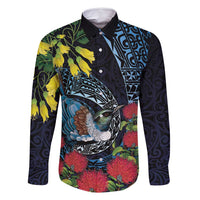 New Zealand Tui Bird Family Matching Summer Maxi Dress and Hawaiian Shirt Maori Koru Mix Pohutukawa DT04 Dad's Shirt - Long Sleeve Black - Polynesian Pride