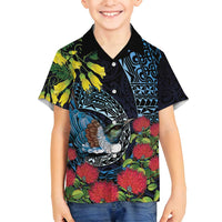 New Zealand Tui Bird Family Matching Summer Maxi Dress and Hawaiian Shirt Maori Koru Mix Pohutukawa DT04 Son's Shirt Black - Polynesian Pride