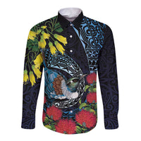 New Zealand Tui Bird Long Sleeve Button Shirt Maori Koru Mix Pohutukawa