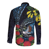 New Zealand Tui Bird Long Sleeve Button Shirt Maori Koru Mix Pohutukawa