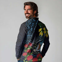 New Zealand Tui Bird Long Sleeve Polo Shirt Maori Koru Mix Pohutukawa