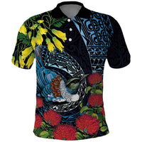 New Zealand Tui Bird Polo Shirt Maori Koru Mix Pohutukawa