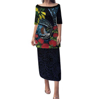 New Zealand Tui Bird Puletasi Maori Koru Mix Pohutukawa DT04 Long Dress Black - Polynesian Pride