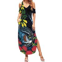 New Zealand Tui Bird Summer Maxi Dress Maori Koru Mix Pohutukawa DT04 Women Black - Polynesian Pride