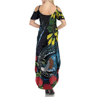 New Zealand Tui Bird Summer Maxi Dress Maori Koru Mix Pohutukawa DT04 - Polynesian Pride