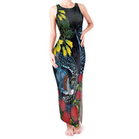 New Zealand Tui Bird Tank Maxi Dress Maori Koru Mix Pohutukawa DT04 Women Black - Polynesian Pride